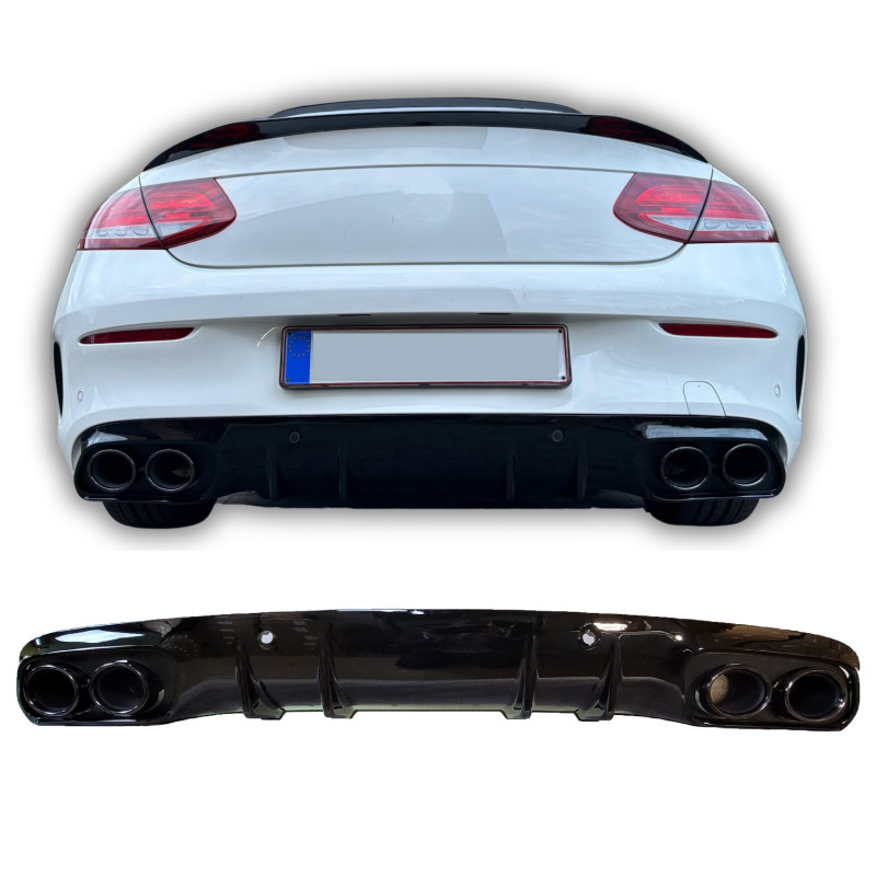 Diffusor kompatibel mit Mercedes C-Coupé Cabriolet C205 A205 AMG Line mit doppelten schwarzen runden Auspuffblenden