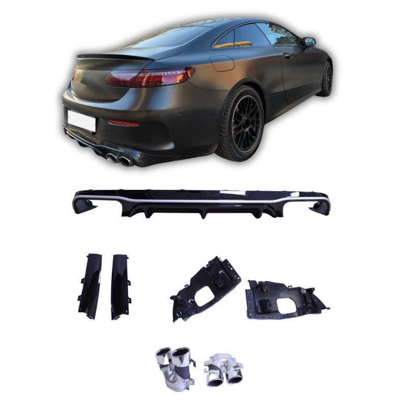 Diffusor schwarz glänzend mit silbernen Rand kompatibel mit Mercedes E Coupé C238 A238 Chrom runde Auspuffspitzen Diffusor schwarz glänzend mit silbernen Rand kompatibel mit Mercedes E Coupé C238 A238 Chrom runde Auspuffspitzen