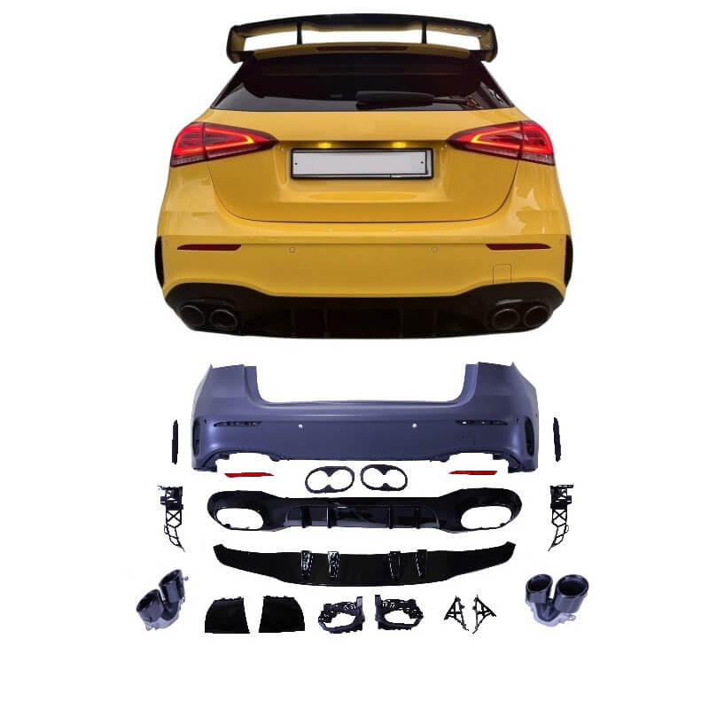 Achterbumper met diffuser passend bij Mercedes A-Klasse W177 Hatchback met zwarte uitlaatsierstukken